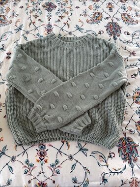 Jessica Simpson Sage Green Pom Sleeve Crewneck Sweater